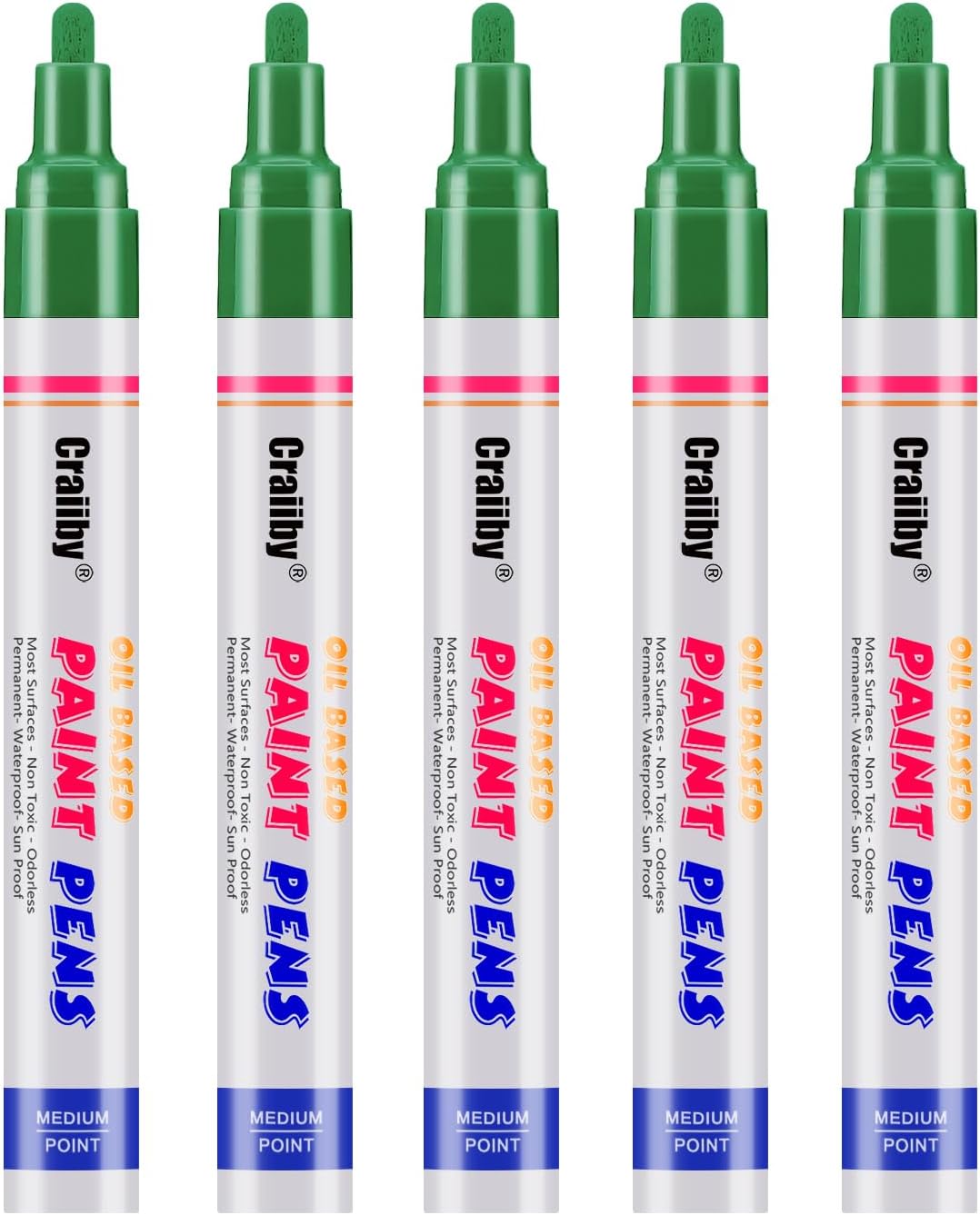 Green Paint Markers, 5 Pack Oil-Based Waterproof Quick Dry Permanent Paint Pen Set for Rocks Painting, Wood, Fabric, Plastic, Canvas, Glass, Mugs, Metal, Tire, Stone, DIY Craft