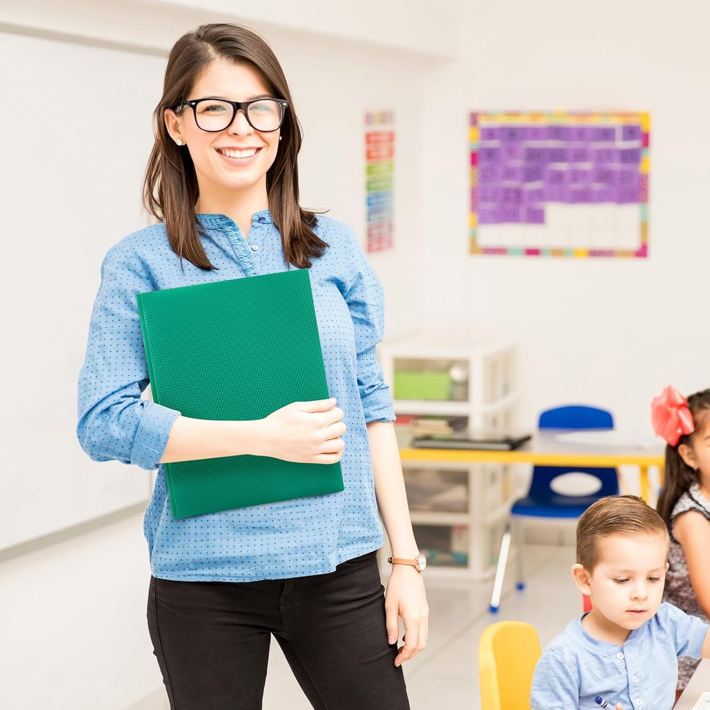 Patelai 48 Pcs Plastic Folders with 2 Pockets and 3 Prongs Home Folders with Card Slot Letter Size Heavy Duty Report Covers for Back to School(Green,Diamond)