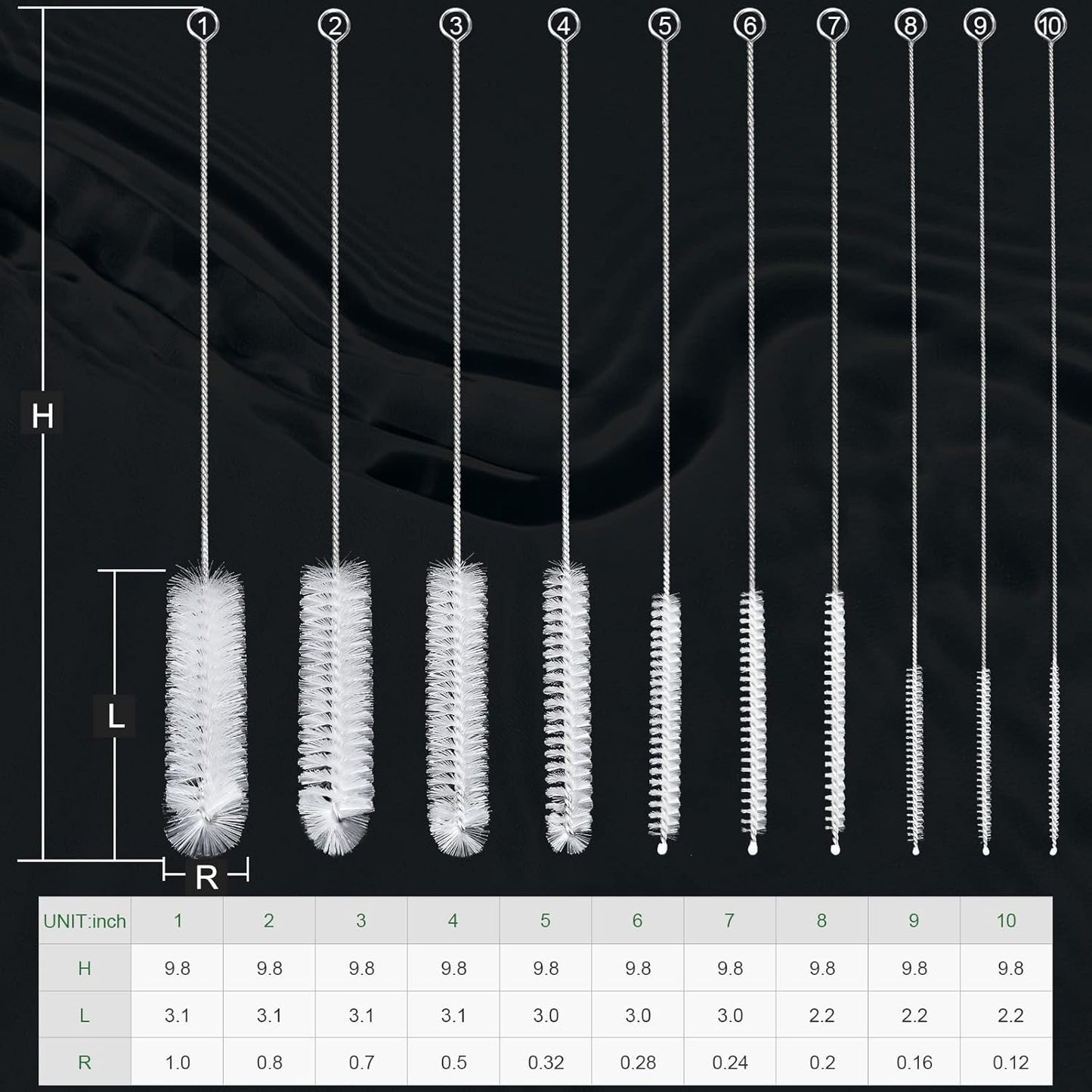 CiaraQ Bottle Cleaning Brushes, 9.8 Inch Nylon Tube Brush Set, Cleaner for Narrow Neck Bottles Cups with Hook, Set of 10pcs. White