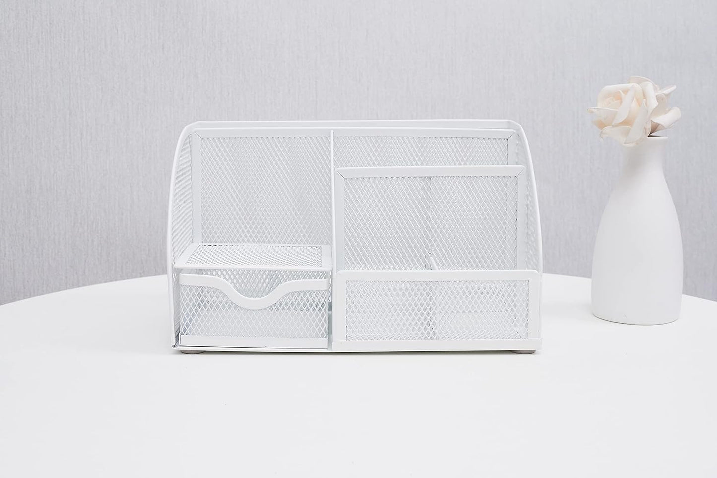 Annova Mesh Desk Organizer Office with 7 Compartments + Drawer/Desk Tidy Candy/Pen Holder/Multifunctional Organizer (White)