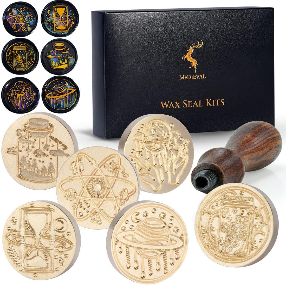 Wax Seal Stamp Kits, 6 pcs Wax Stamp Brass Head & 1 Wooden Handle, 6 Designs (Magic Hourglass/Planet/Space/Magic Forest/Mason Jar)