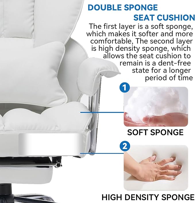 Efomao Big and Tall Office Chair 400lbs – High Back PU Leather Executive Chair with Lumbar Support, Footrest, Swivel Base, Padded Armrests, and Rolling Wheels for Home Office, White Computer Chair
