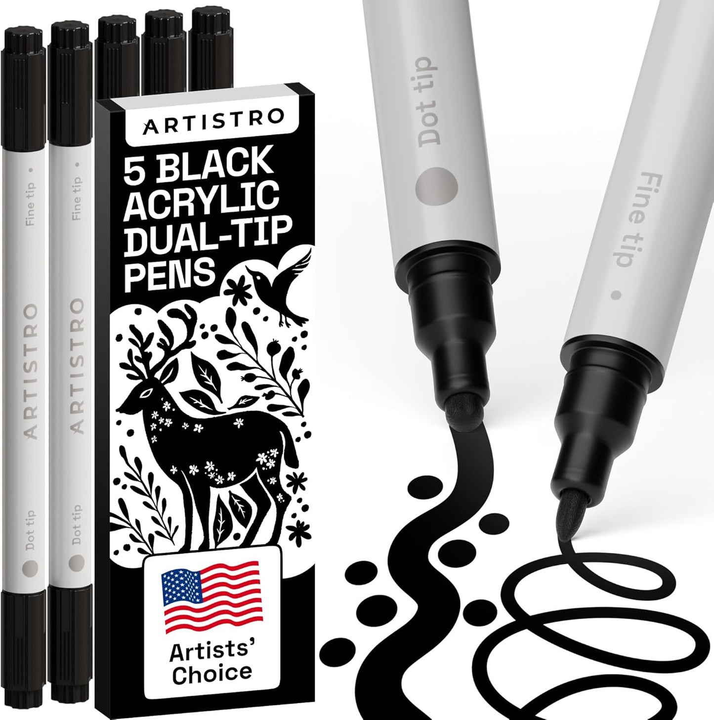 ARTISTRO 5 Black Dual-Tip Acrylic Paint Pens for Rock, Ceramic, Glass, Wood, Fabric - Black Markers for Acrylic Painting, 5mm Dot + 1mm Fine Tips
