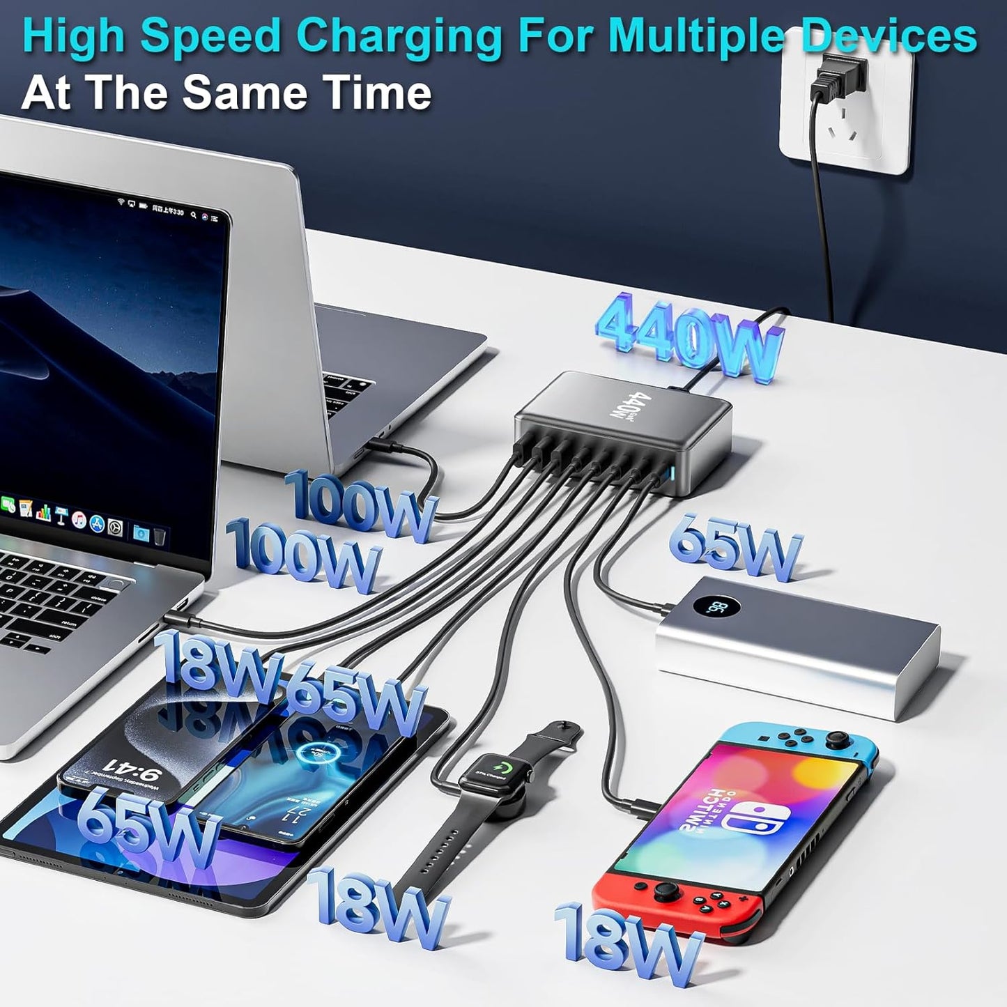 440W USB C Charger Block, 8-Port Fast USB Charging Station Dual PD 100W GaN Ⅲ Pro Charging Station For Multiple Devices, Laptop Charger Adapter Compatible with MacBook, DELL, iPad, iPhone, Samsung etc