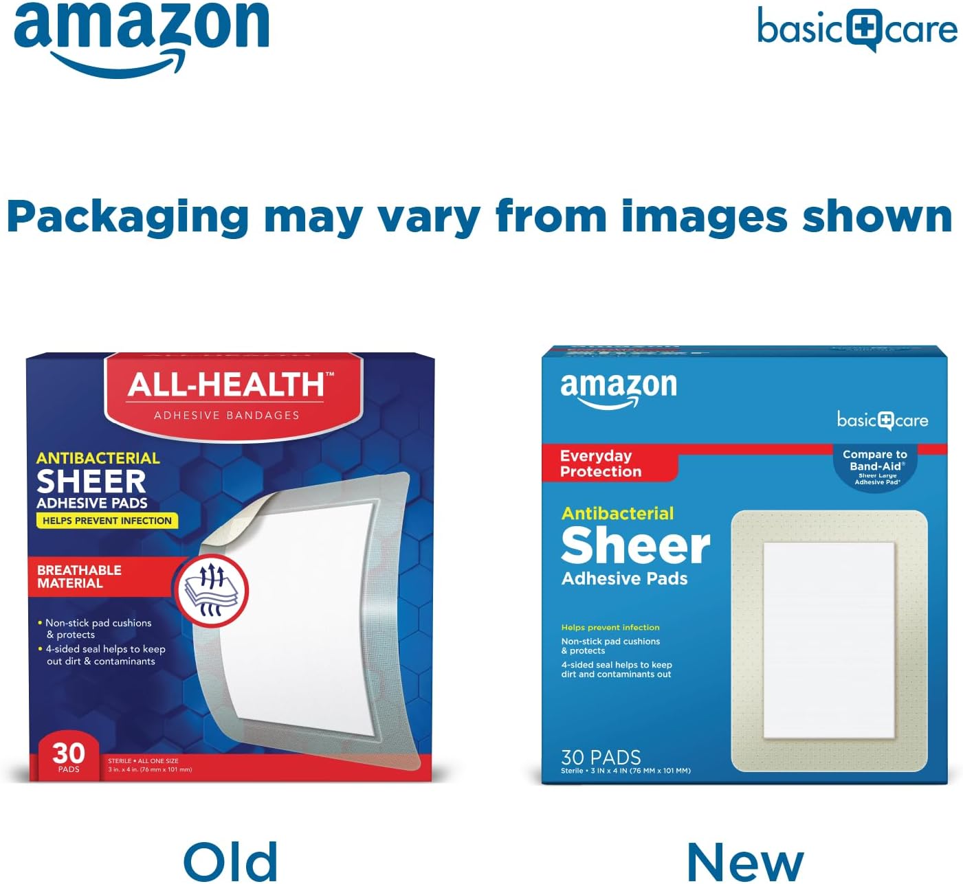 Amazon Basic Care Sheer Adhesive Pad Bandages, Extra Large Comfortable Non-Stick Pad, All Skin Types, 30 Count (3x4 inches)