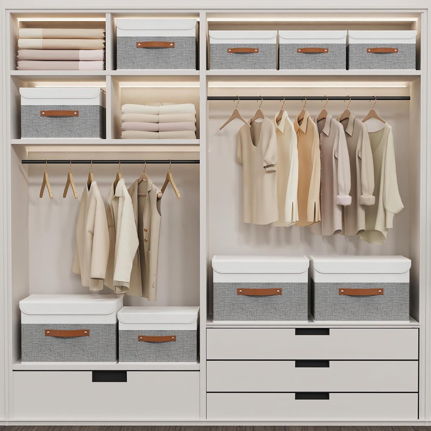 Yawinhe Collapsible Storage Bin, Cube Organizer Basket, Fabric Box with Lids, Washable and Leather Handle, for Home, Closet, White/Grey, 13.0''Lx9.0''Wx7.9''H, 3-Pack, SNK024WGS-3