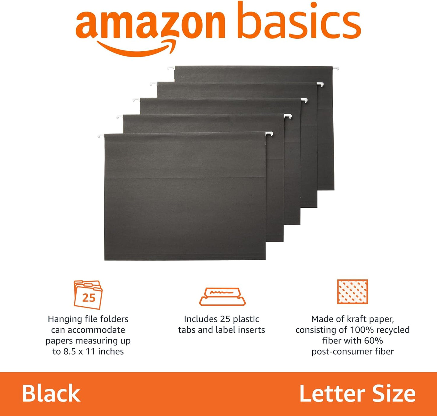 Amazon Basics Hanging File Folders, Letter Size, 8.5x11 inches, Black, 25-Pack