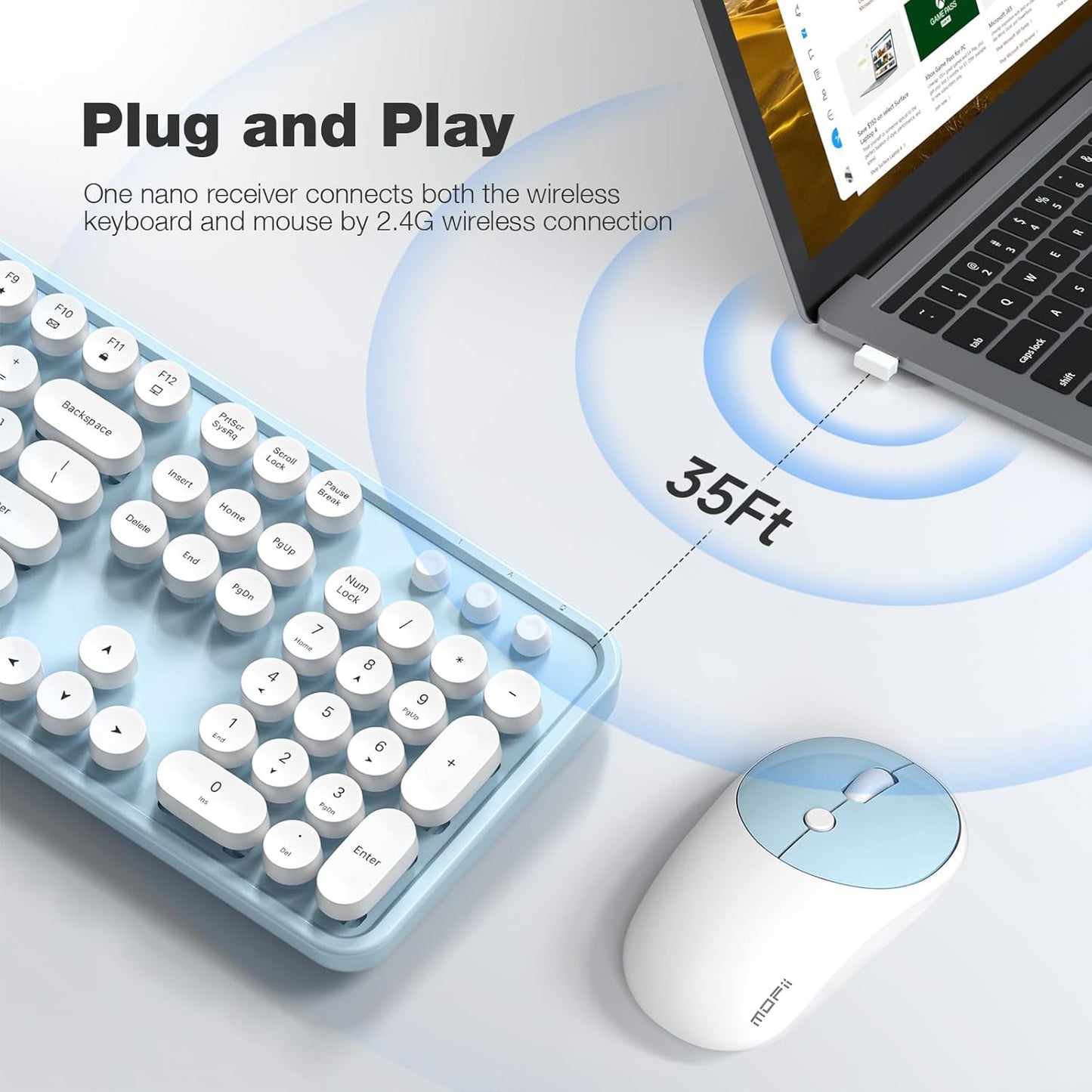 MOFII Wireless Keyboard and Mouse Combo, Computer Full Size 2.4G Plug and Play Wireless Typewriter Retro Round Keyboard and Mouse Set for Windows, Computer, Desktop, PC, Notebook - (Light Blue)
