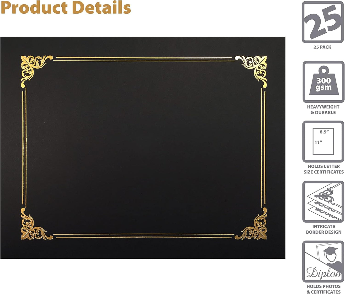 Better Office Products 25 Pack Black Certificate Holders, Diploma Holders, Document Covers with Gold Foil Border, for Letter Size Paper, 25 Count, Black