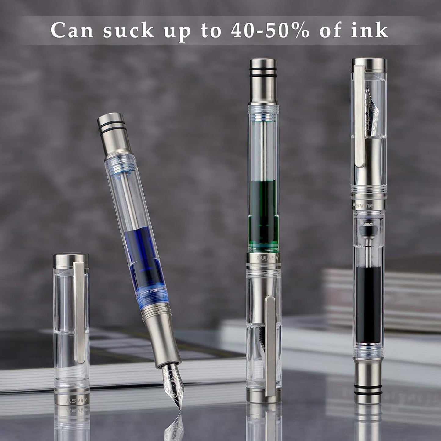 Asvine V200 Titanium Fountain Pen Vacuum Filling, Bock Broad Nib Clear Transparent Acrylic Smooth Writing Pen Case Set