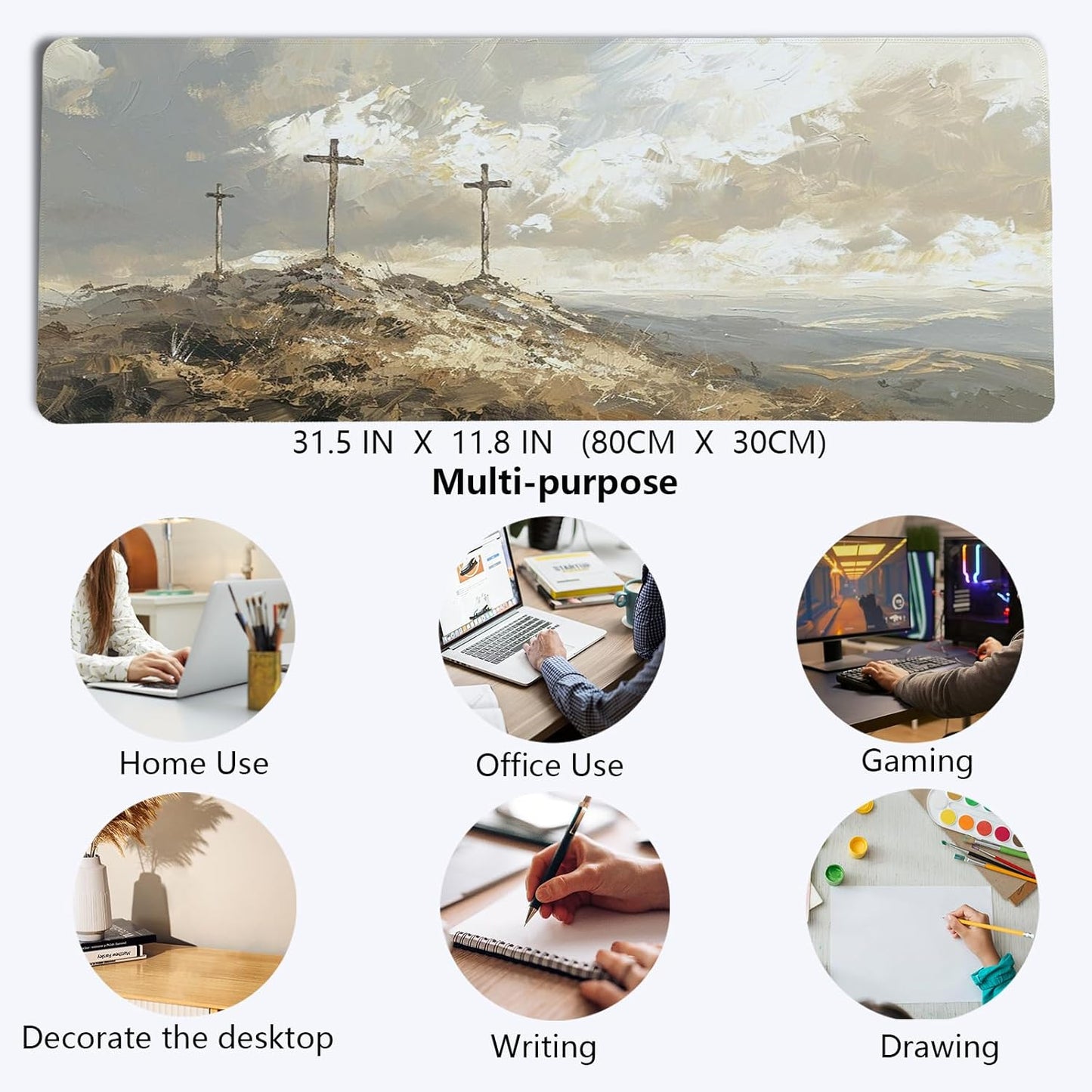 Christian Cross Easter Mouse Pad, Religious Themed Mouse Pad,He is Risen Jesus Desk Mat,Big Large Yellow Jesus Painting Decor Desk Mat,Religious Gifts Christian Gifts for Women,31.5x11.8