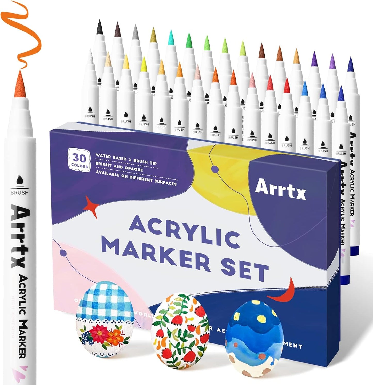 Arrtx 30 Colors Acrylic Paint Pens for Rock Painting, Extra Brush Tip, Water Based Paint Markers for Stone, Glass, Easter Egg, Wood and Fabric Painting-No Toxic,No Odor 30B
