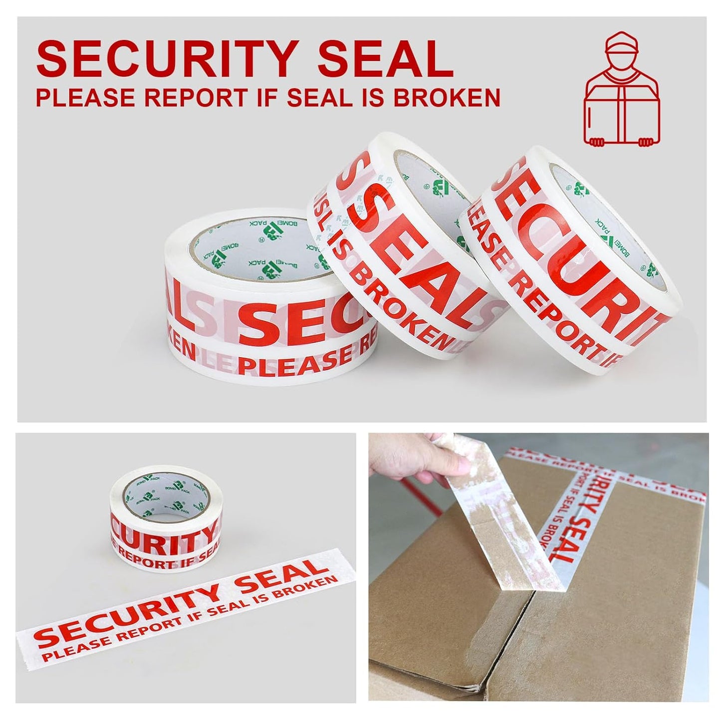 BOMEI PACK Security Seal Tape, Please Report if Seal is Broken Printing Packing Tape with Dispenser, 2.4mil 2inch x 60yds, 6Rolls Heavy Duty Fragile Tape Refills for Shipping, Moving and Sealing