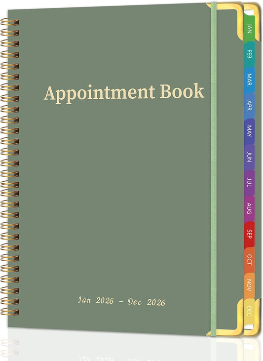 2026 Appointment Book/Planner - 2026 Daily Hourly Planner from Jan. 2026 - Dec. 2026, Weekly appointment Book 2026, 2026 Hourly planner with 20-Minute Interval, 9" x 11", Twin-Wire Binding, Colorful Tabs, Pocket - Green