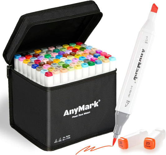 AnyMark Alcohol Markers Brush Tip, 80+1 Colors Dual Tip Brush & Chisel Alcohol-Based Art Markers Set with Case for Adult Artists Drawing Coloring
