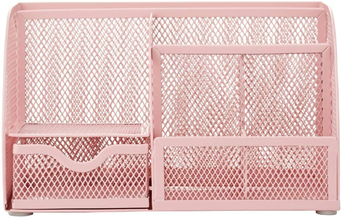 Annova Mesh Desk Organizer Office with 7 Compartments + Drawer/Desk Tidy Candy/Pen Holder/Multifunctional Organizer (Light Pink)