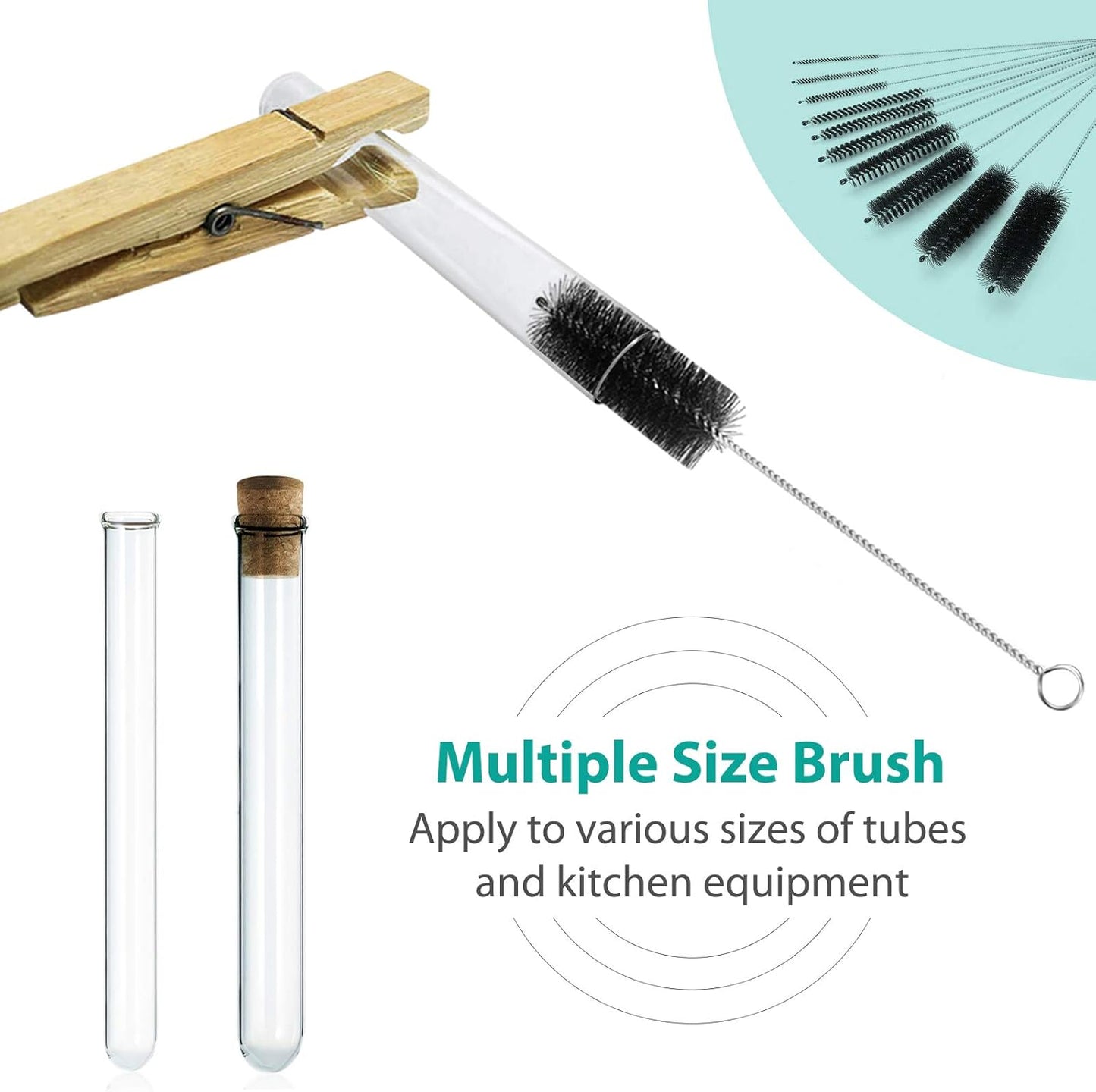 CiaraQ Bottle Cleaning Brushes, 8 Inch Nylon Tube Brush Set, Cleaner for Narrow Neck Bottles Cups with Hook, Set of 10pcs, Black