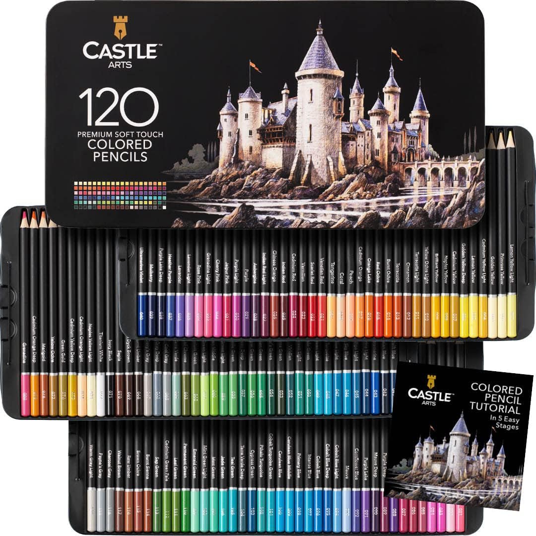 Castle Art Supplies Colored Pencils Set | 120 Premium Soft Core Coloring Pencils for Adults | Organized in Presentation Tin Case