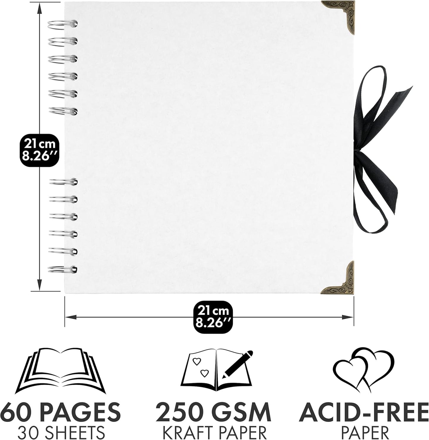 Bstorify Square Scrapbook Photo Albums 60 Pages (8 x 8 Inch) White Thick Paper, Hardcover, Metal Corners, Ribbon Closure - Ideal for Your Scrapbooking Albums, Art & Craft Projects (8 x 8 Inch, White)