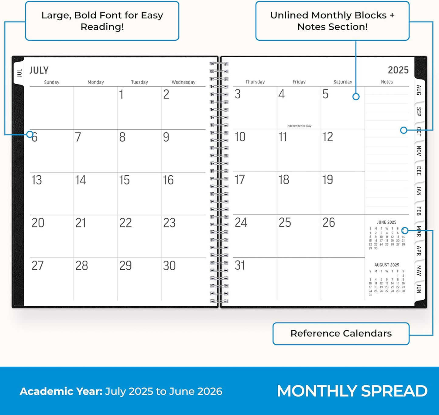 Blue Sky 2025-2026 Academic Year Large Print Weekly and Monthly Planner Calendar, July 2025 - June 2026, 12-Month, 8.5" x 11", Flexible Cover, Wirebound, Storage Pocket, Laminated Tabs, Black