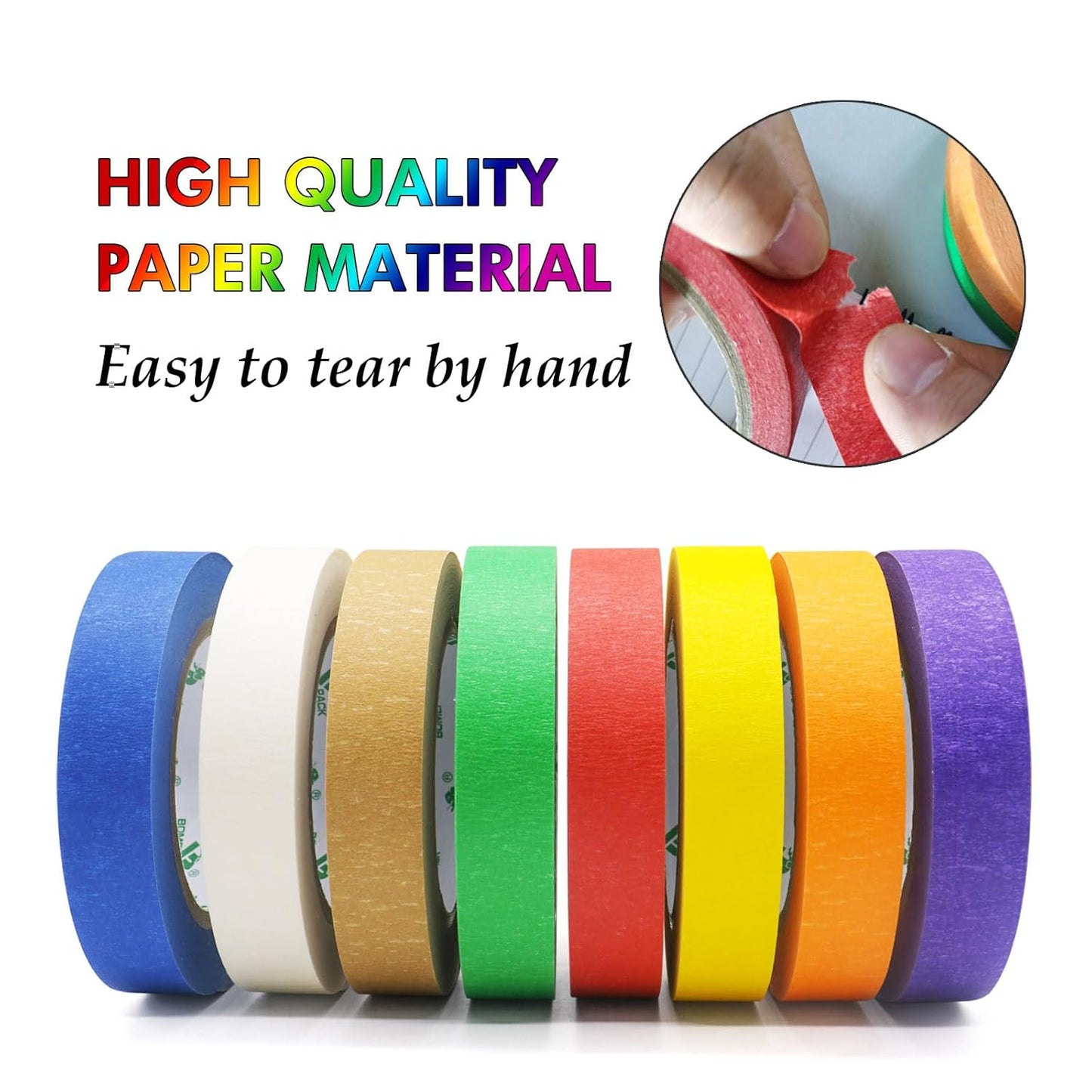 BOMEI PACK 8 Rolls Rainbow Colored Masking Tape, 1inch x 180ft Each roll Craft Painter Tape for Arts,Craft,Labeling Colorful