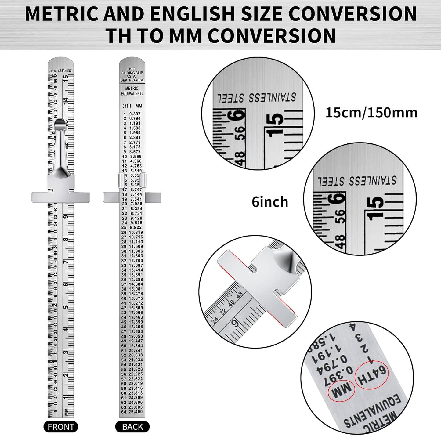 20 Pieces 6 Inch 15 cm Pocket Ruler Flexible Precision Stainless Steel Ruler with Detachable Clips Stainless Steel Pocket Clip Scale Gauge Metric British System