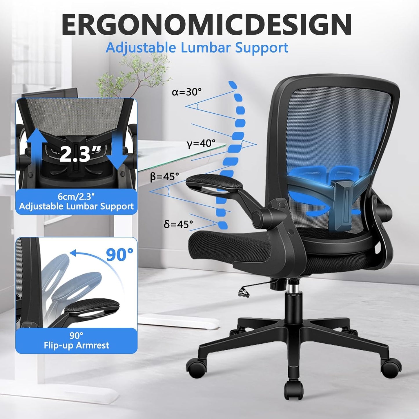 Desk Chairs with Wheels, Ergonomic Mesh Office Chair Adjustable Height and Swivel Lumbar Support Home Office Chair with Flip Up Armrests, Set of 2