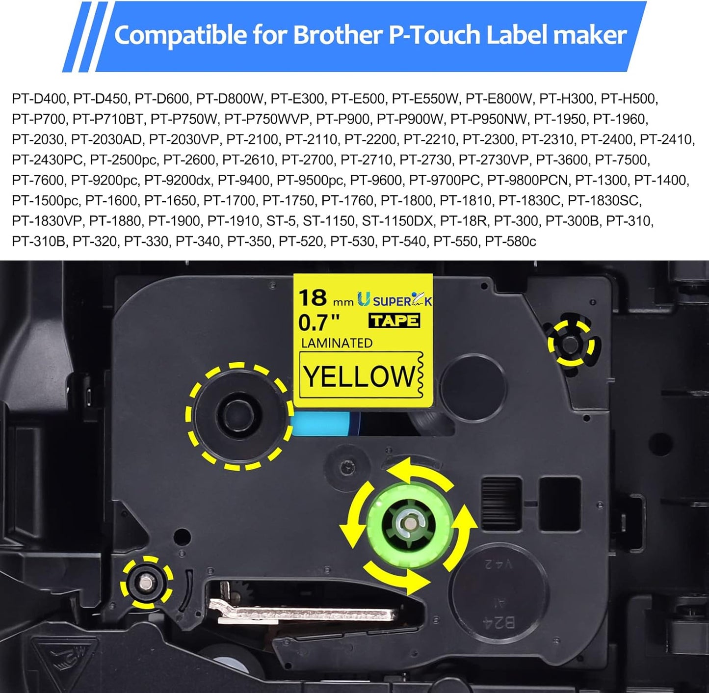 6PK 18mm Yellow Label Tape Compatible for Brother P-Touch Label Maker Tape TZe-641 TZe TZ Label Tape TZ-641 TZe641 18mm 0.7'' Laminated Black on Yellow for PT-D400 D410 D600 D610BT D460BT