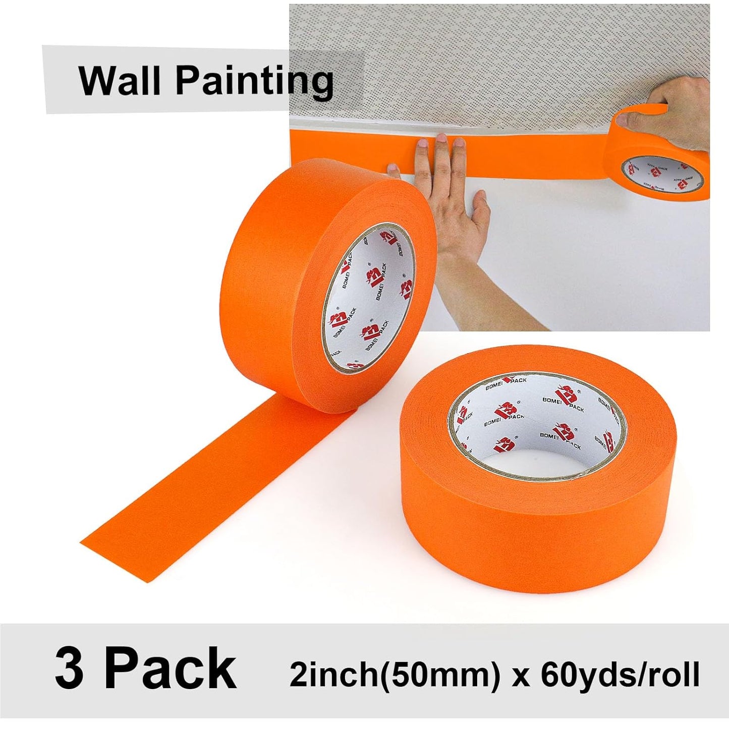 BOMEI PACK 2 Inch Wide Masking Tape, Orange Painters Tape 3 Rolls x 2 inch x 60 Yards (180 Total Yards) Residue-Free Painting Tape for Labeling, DIY Crafting, Decoration and School Projects