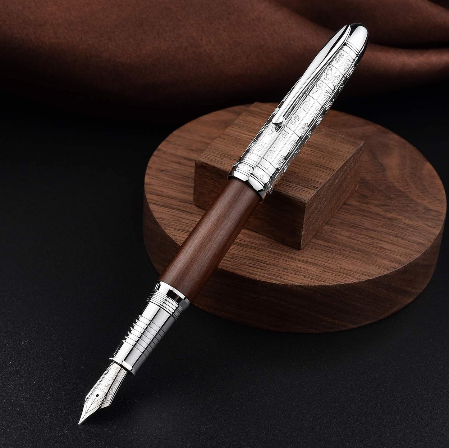 Asvine Hongdian 6016 Natural Wood Fountain Pen, Iridium Fine Nib Writing Pen with Metal Pen Case