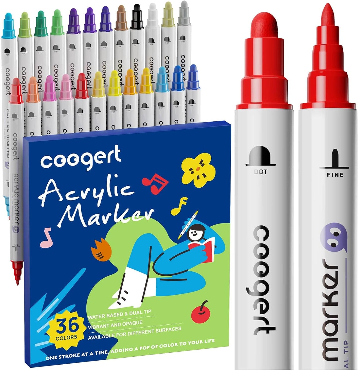 36 Colors Dual Tip Acrylic Paint Markers,Fine Tip and Dot Tip Acrylic Paint Pens For Rock Painting, Canvas, Wood, Glass, Ceramic, Fabric, Plastic, Egg, Art Painting Supplies Kit
