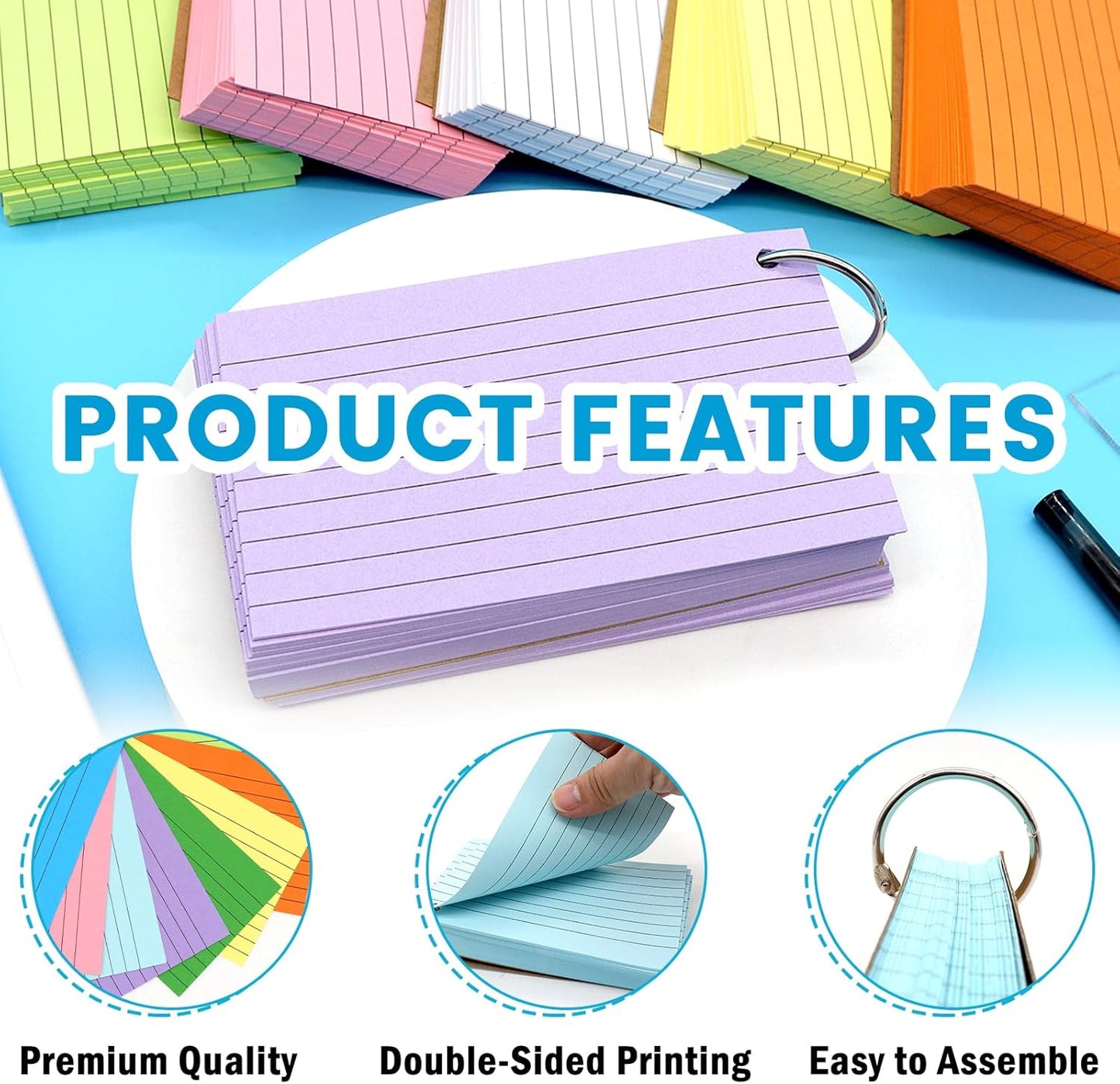 800 PCS Index Cards 3x5 Inches Colored Flash Cards with Ring, Punched Lined Flashcards Ruled Index Cards Notecards Study Cards Heavy Note Cards for Studying, Learning, School, College, Memory