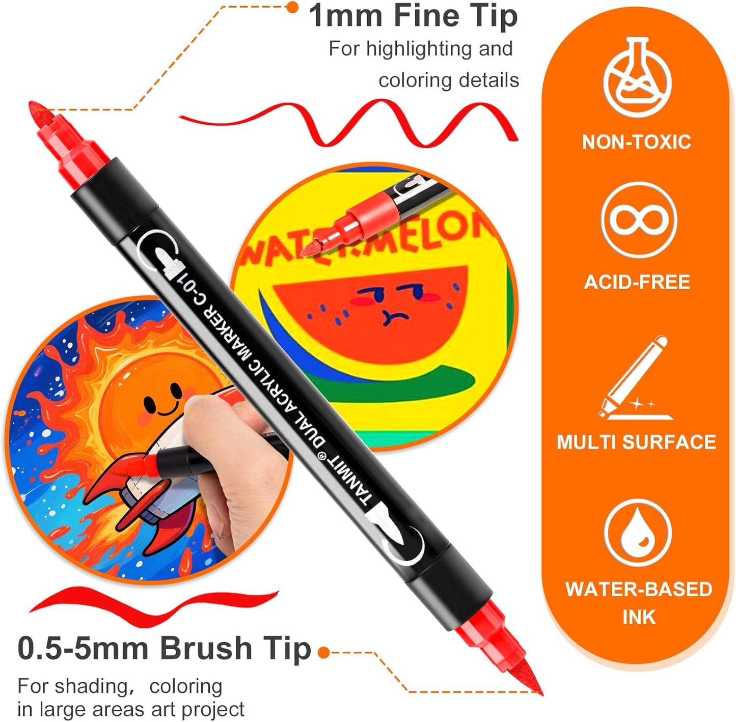 72 Colors Acrylic Paint Markers, Dual Tip Acrylic Paint Pens for Rock Painting, Wood, Canvas, Stone, Glass, Ceramic Surfaces, DIY Crafts Making Art Supplies (Brush Tip and Fine Tip)