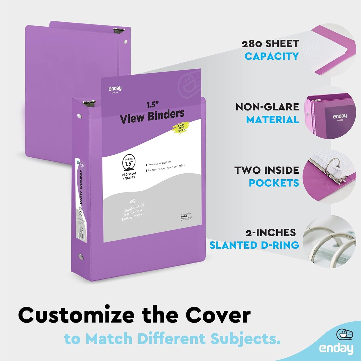 3 Ring Binder Purple, 1.5 Inch Clear View Cover with 2 Inside Pockets Binder, Colored School Supplies 1 ½ Inch Round Ring Binders, Also Available in Red, Blue, Pink, Green, and Grey (6 PC) – by Enday