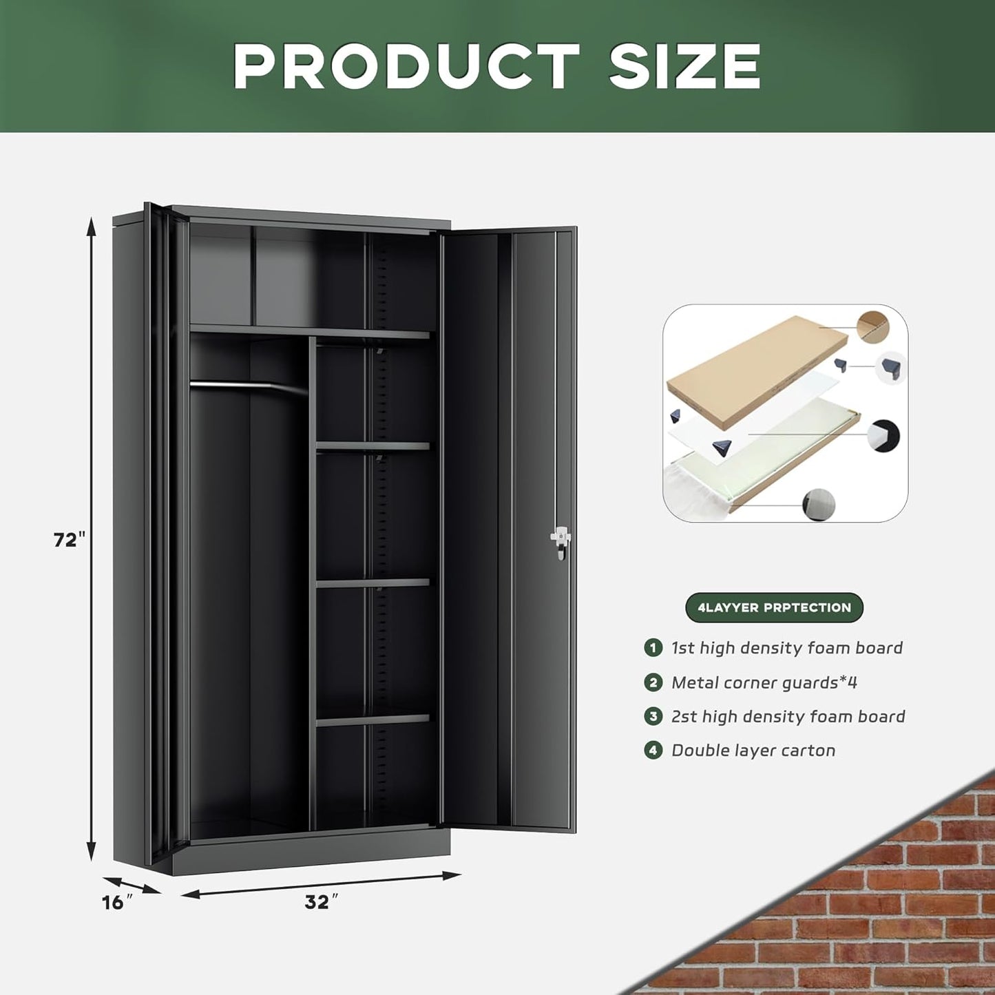 Greenvelly Metal Wardrobe Cabinet with Locking Doors, 72"H Black Metal Wardrobe Closet with Hanging Rods and Adjustable Shelves, Clothing Storage Closet for Home, Office, Employee, Gym (16" D x 32" W)