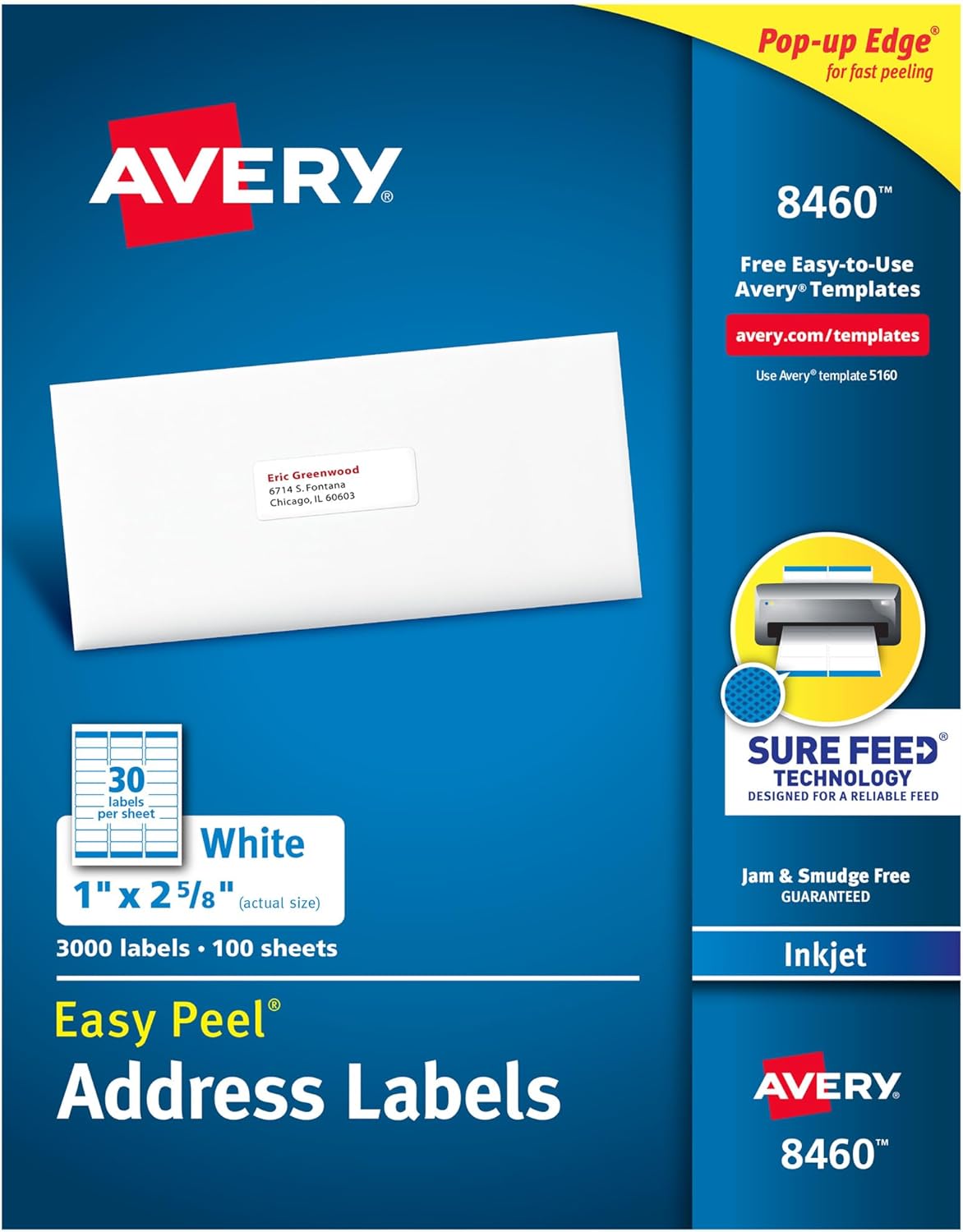 Avery Easy Peel Printable Address Labels with Sure Feed, 1" x 2-5/8" Customizable Stickers, White, 3,000 Blank Mailing Labels, Great for Mailing, Shipping, and More (8460)