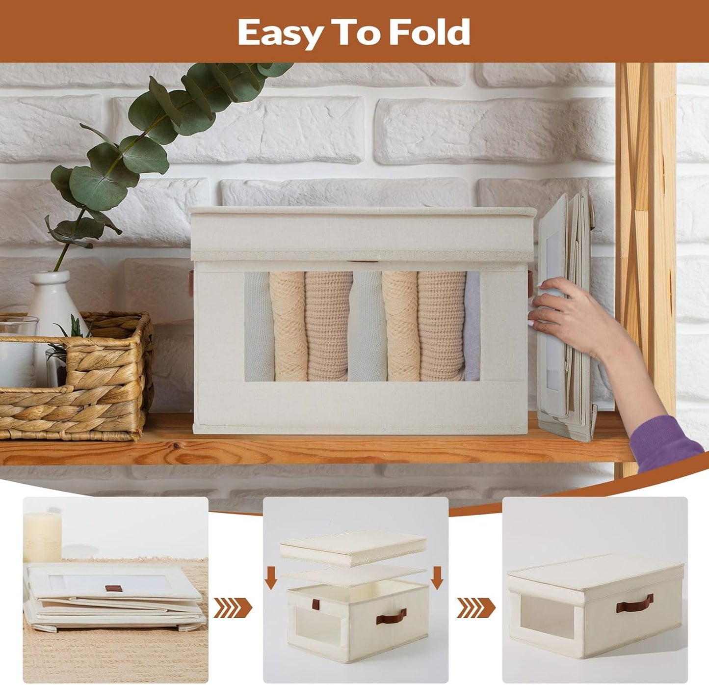 Fabric Storage Bins with Lids, Collapsible Closet Organizer with Sturdy Handles, Clear View Window, Stackable Storage Baskets for Clothes, Towels, Books, Hand Pull Closet Organizer Boxes-4-Pack, Beige