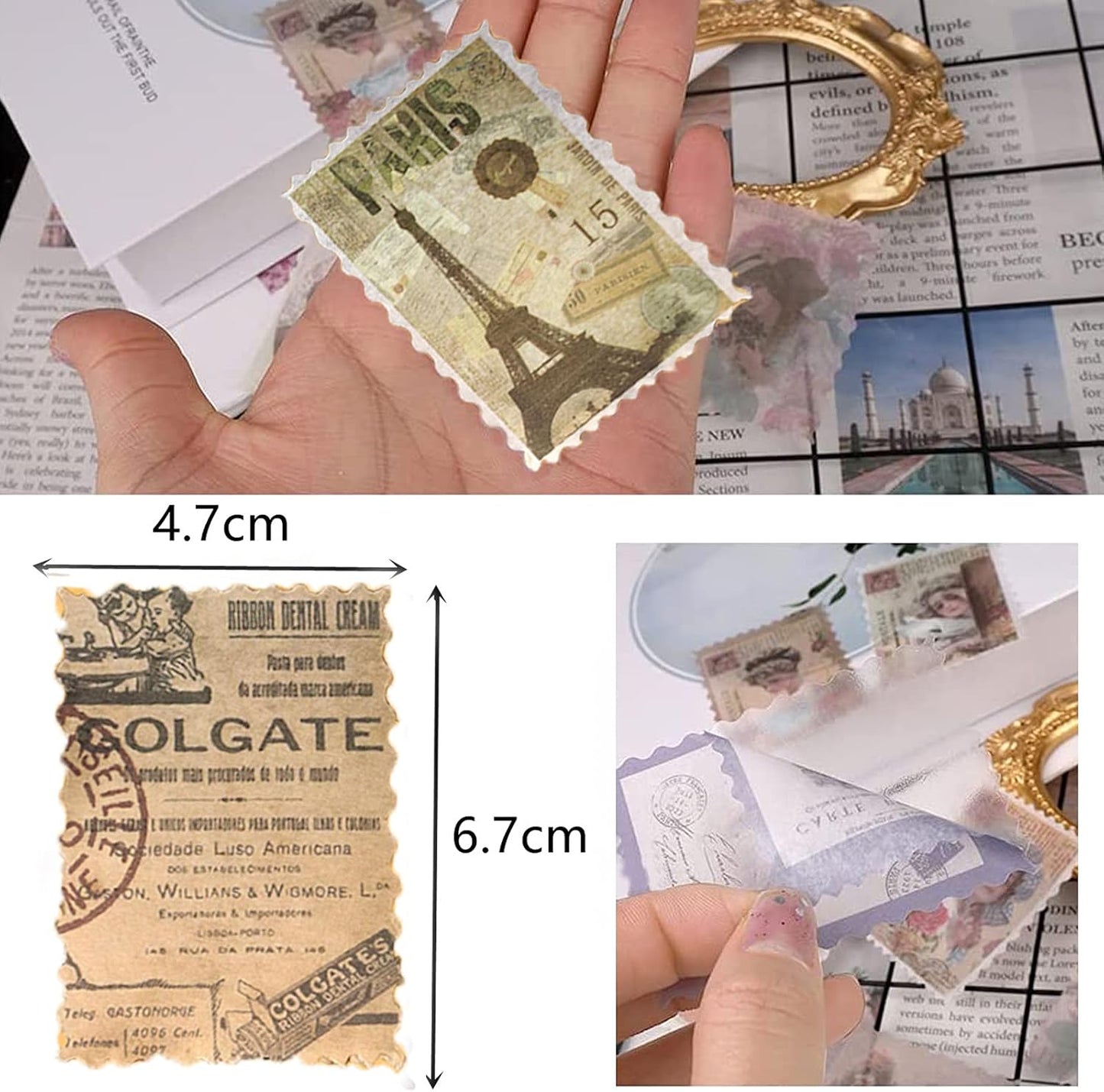 60pcs Vintage Postage Stamp Stickers, Aesthetic Modern Deco Paper Sticker for Scrapbooking, Journaling Supplies, Planners, Kid DIY Art Crafts