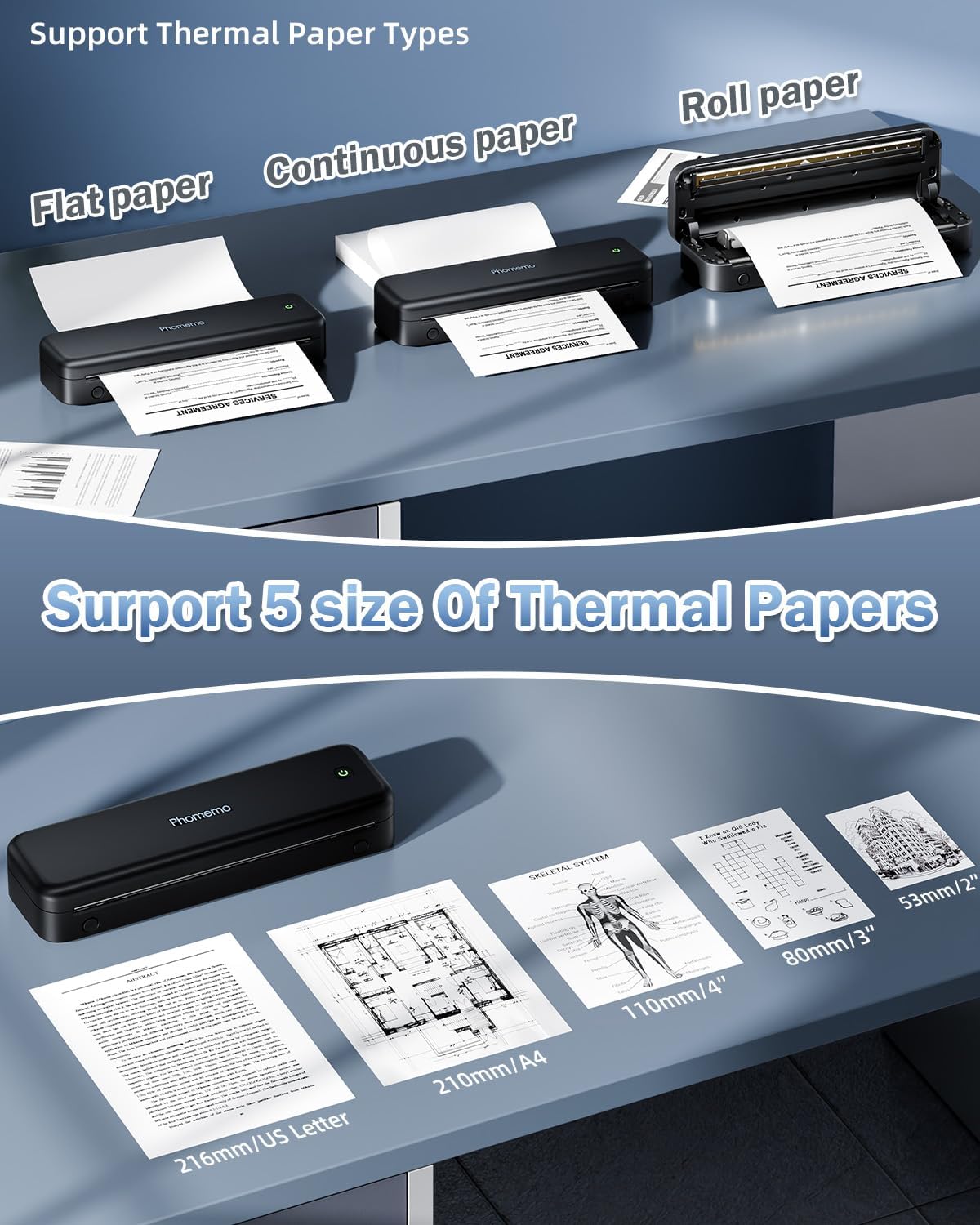 Phomemo M834 Portable Printer Wireless for Travel Upgraded, Bluetooth Thermal Printer 8.5" x 11"&A4, Compatible with iOS,Android & PC,Inkless Mobile Printers for Travel,Office,School,Home,Black