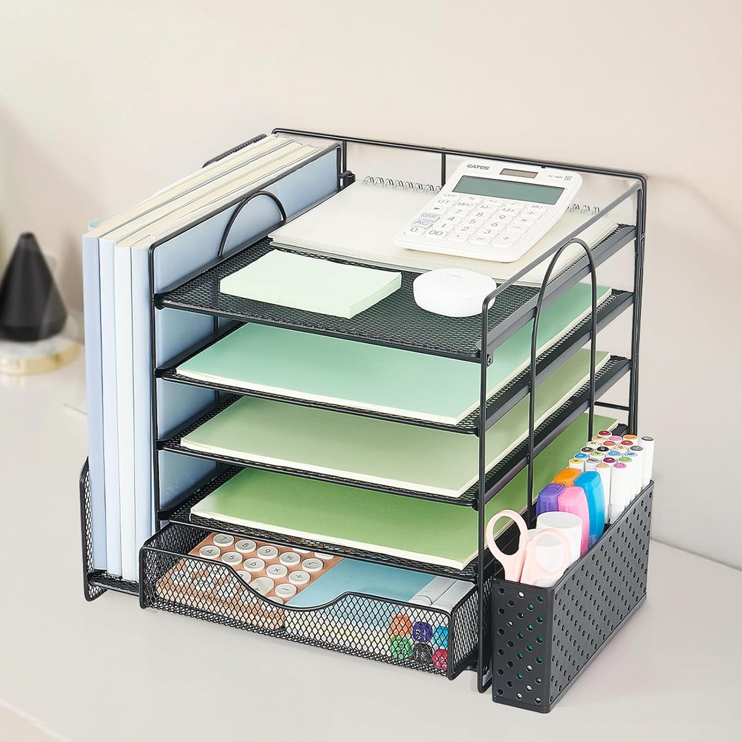 Desk Organizer with Drawer and Pen Holder, 5-Tier Paper Letter Tray Organizer with File Holder, Suitable for Workspace Organizer Office Supplies Storage (Black)