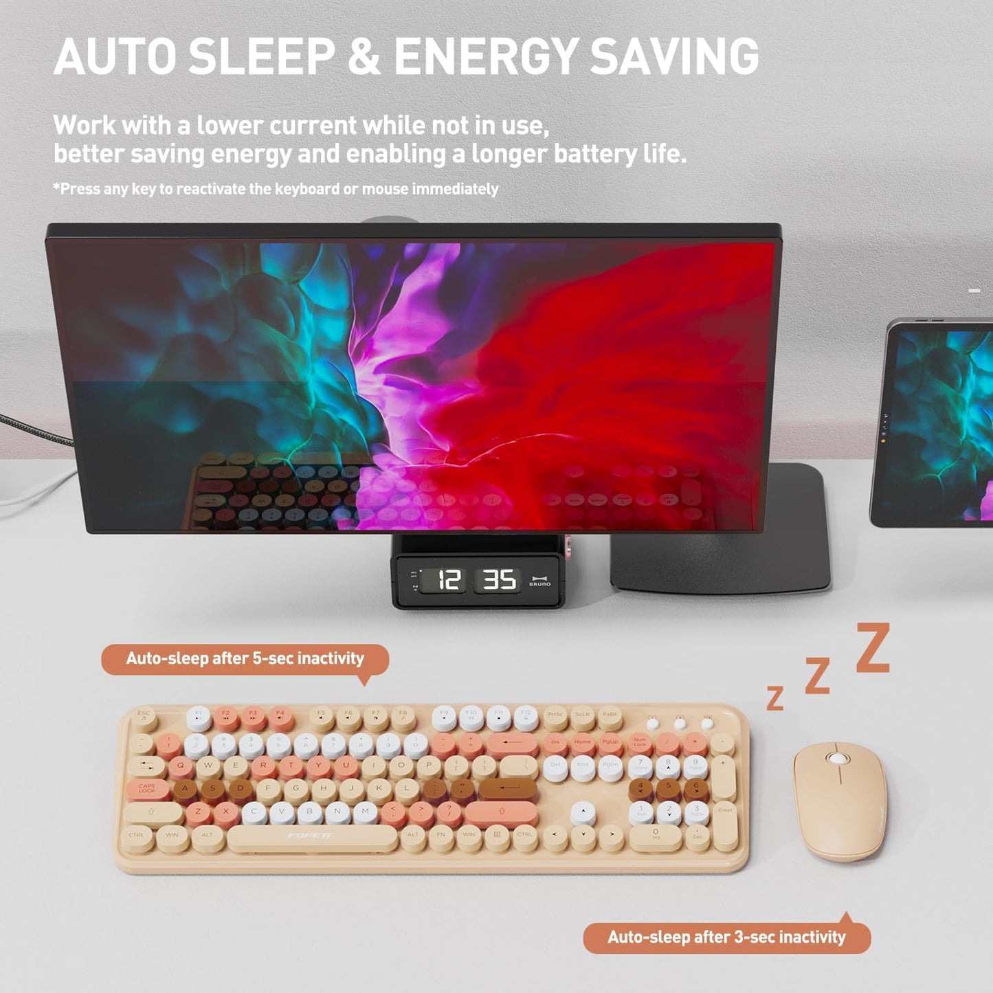 Cute Retro Wireless Keyboard and Mouse Combo with Round Key, 2.4Ghz Dropout-Free Connection, Typewriter Wireless Keyboard and Mouse Set for PC, Laptop, Desktop Computer - Brown Colorful