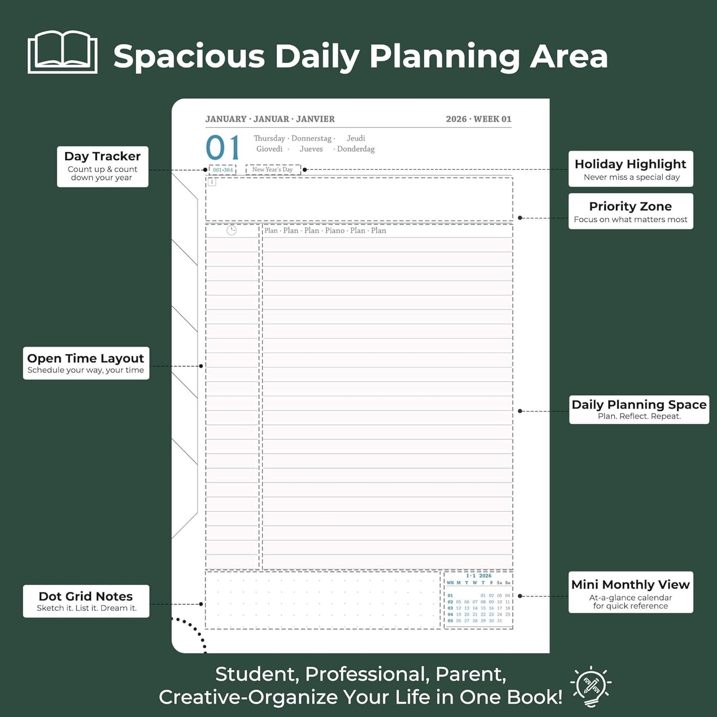 Daily Planner 2026 with One Page Per Day,(A5-8.5" x 5.9"),12 Months Calendar Hourly Appointment Book Monthly Tabs & Self-adhesive Pen Holder,Inner Pocket, Vegan Leather Hardback,Green
