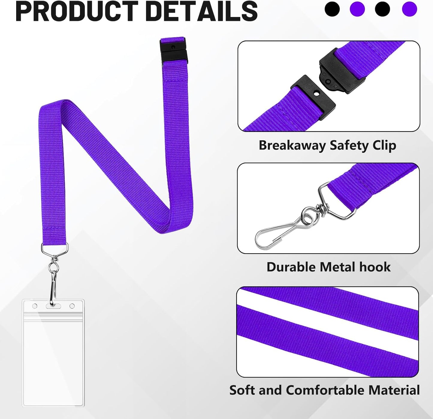 24-Pack Purple Breakaway Lanyards with Waterproof Badge Holders, Metal Hook, Polyester Neck Straps for ID Cards, Events, Office, and Schools