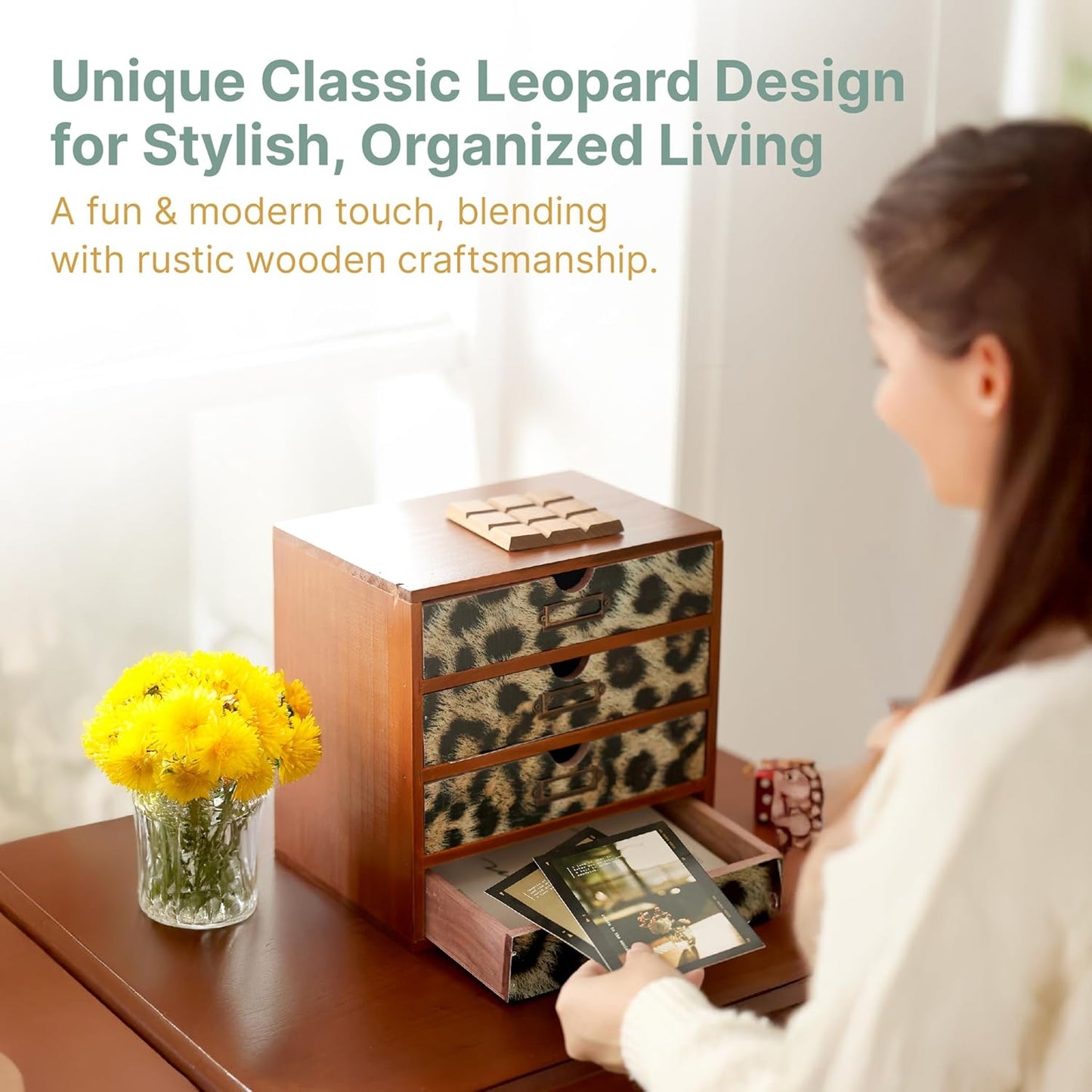 Classic Leopard Print Wooden Desk Organizer - 4-Drawer Desktop Storage - Rustic Wood Cabinet for Office Supplies, Craft Tools, & Home Organization - Luxurious Drawer Unit