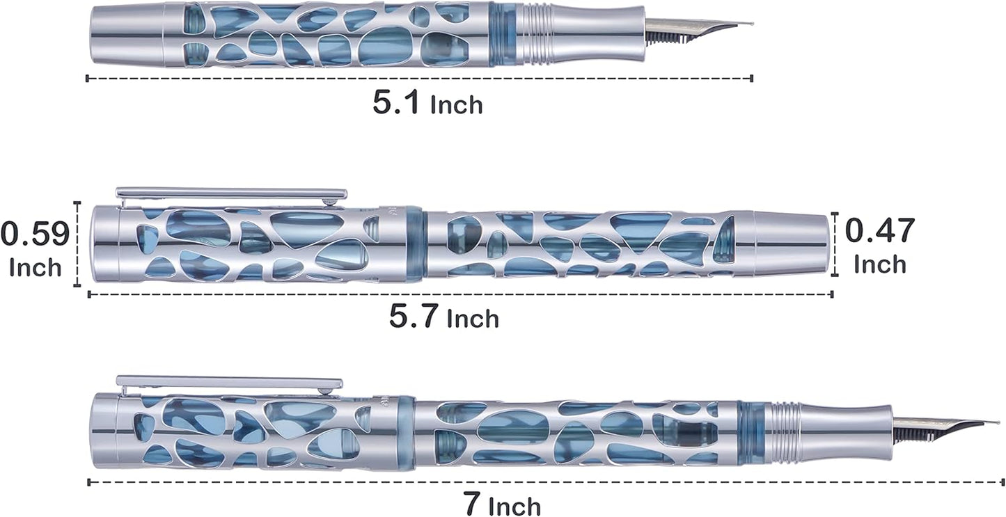 Asvine V169 Vacuum Filling Fountain Pen Fine Nib, Water Drop Skeleton Transparent Acrylic Pen Case Set