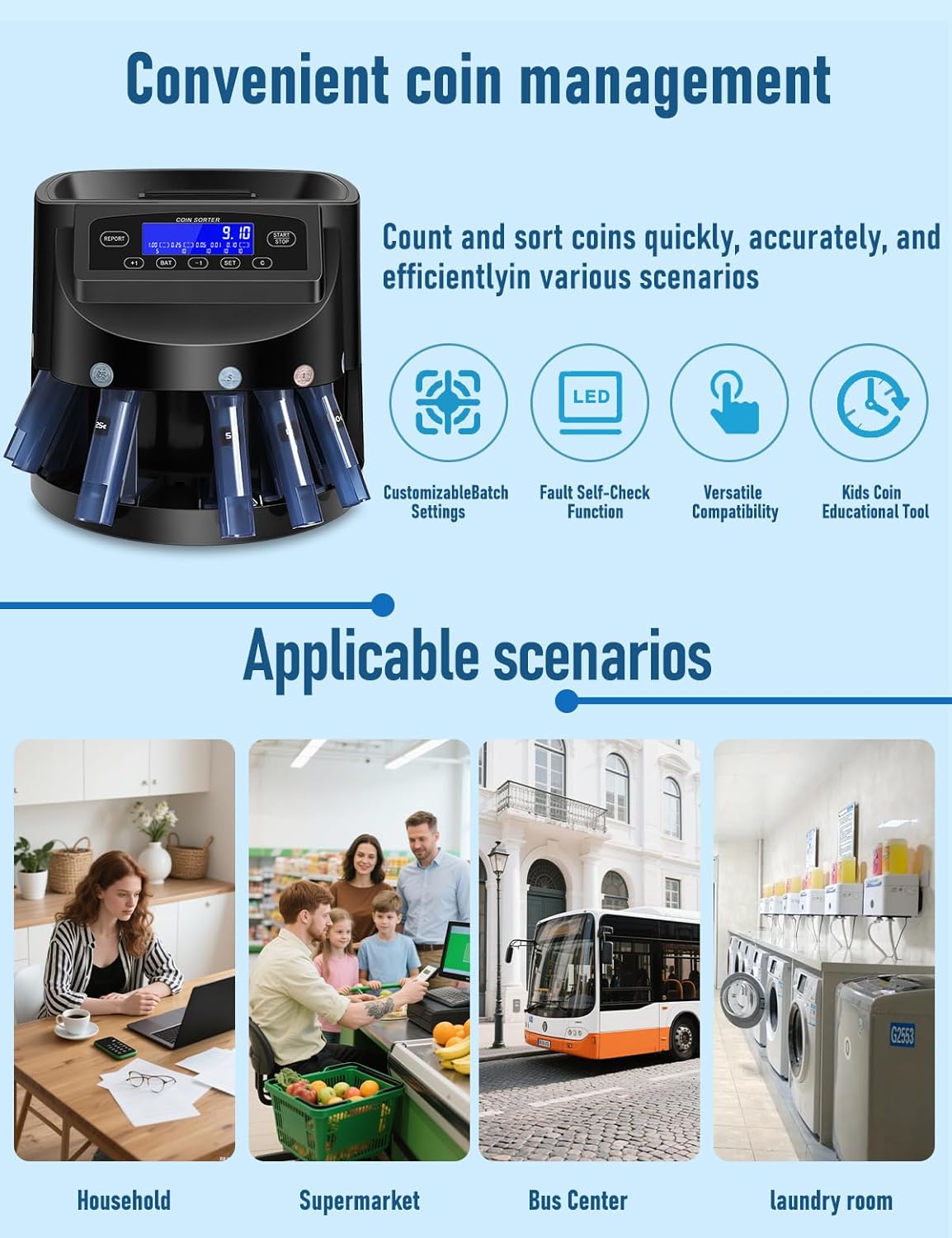 Coin Counter and USD Coin Sorter with LCD Display, 300-Coin Capacity, Automatic Change Counter for 1￠ 5￠ 10￠ 25￠ $1, 270 Coins/min,Coin Sorter and Wrapper Machine for Fast & Accurate Sorting