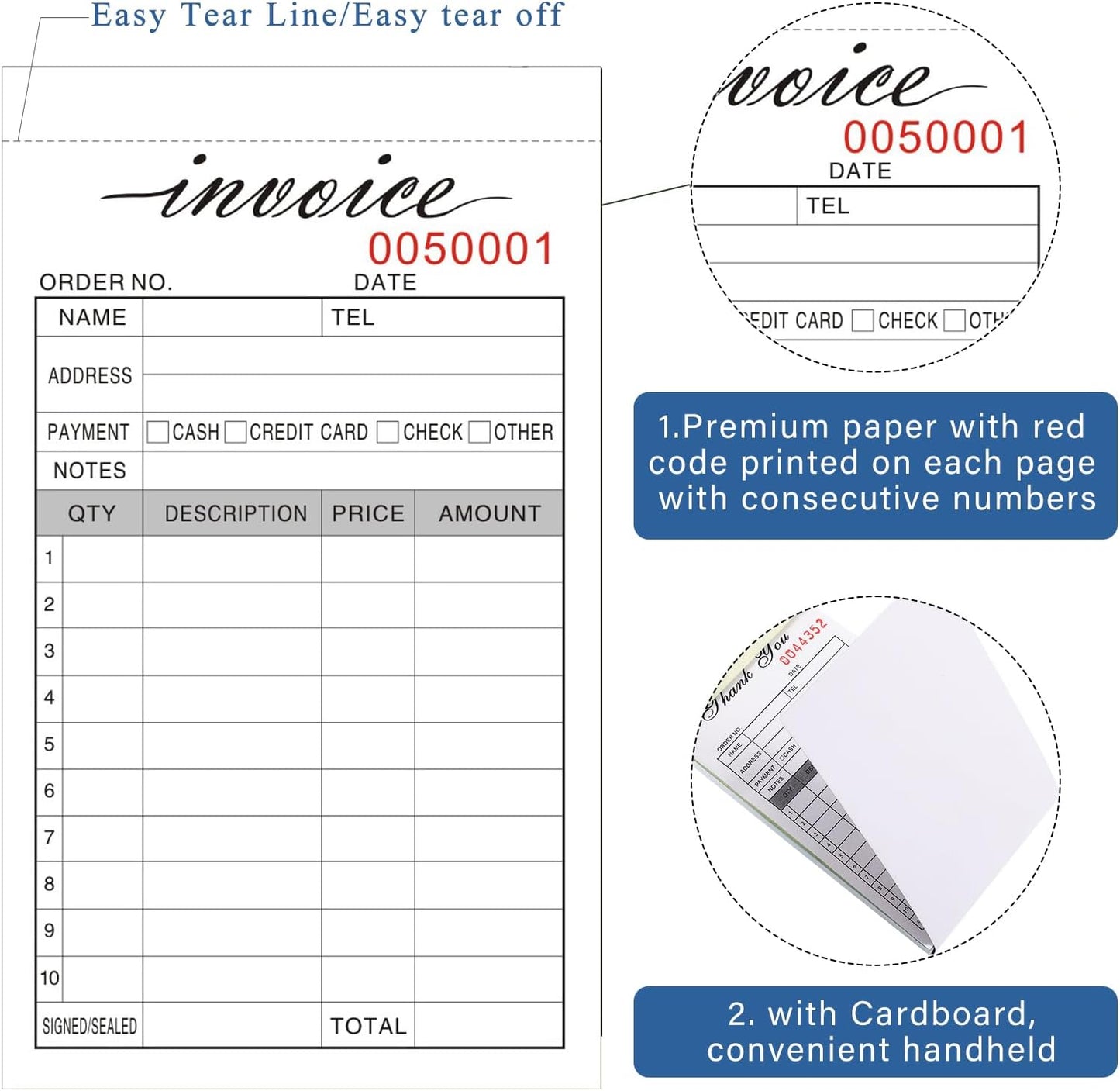 6 Pack Invoice Receipt Book, 3.4x5.5" Handheld 2-Part Carbonless Sales Invoice Book, Invoice Pad with Cardboard for Small Boutique Business, (50 Sets)