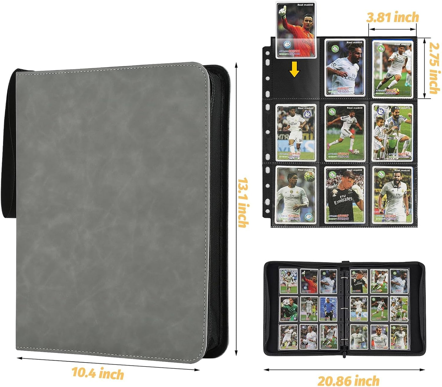 9 Pocket Card Binder, Premium Zip Trading Card Binder, 720 Double Sided Pocket PU Card Collection Binder, Collector Card Album, Card Folder for MTG, TCG, Sports Cards, Game Cards (Grey1)