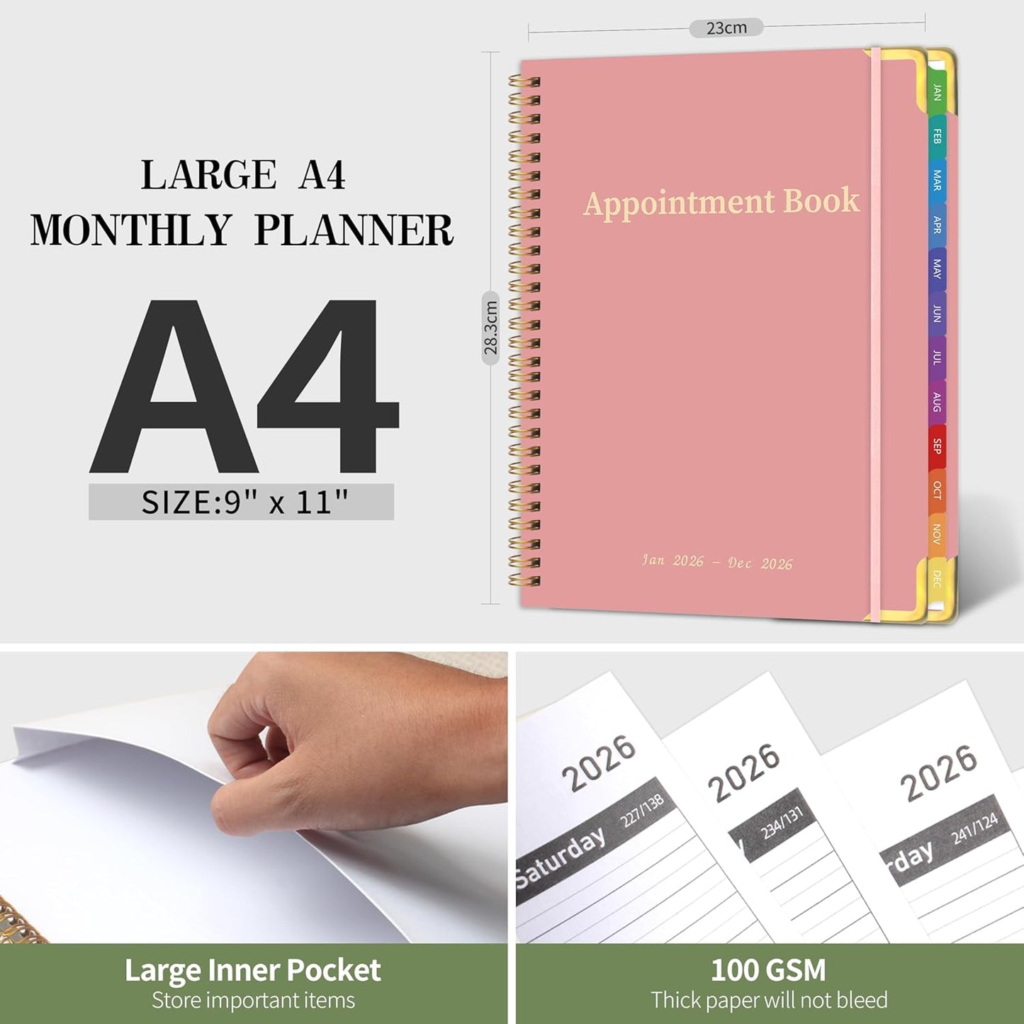 2026 Appointment Book/Planner - 2026 Daily Hourly Planner from Jan. 2026 - Dec. 2026, Weekly appointment Book 2026, 2026 Hourly planner with 20-Minute Interval, 9" x 11", Twin-Wire Binding, Colorful Tabs, Pocket - Pink