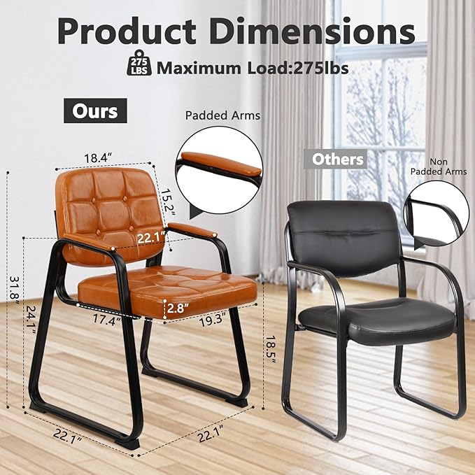 CLATINA Office Guest Chair, Leather Reception Chairs with Padded Arms, Desk Chair No Wheels Stationary for Conference Lobby Waiting Room Training Side Elderly, Orange